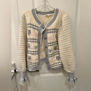 Loveshackfancy Women's Cream and Blue Cardigan Sweater
